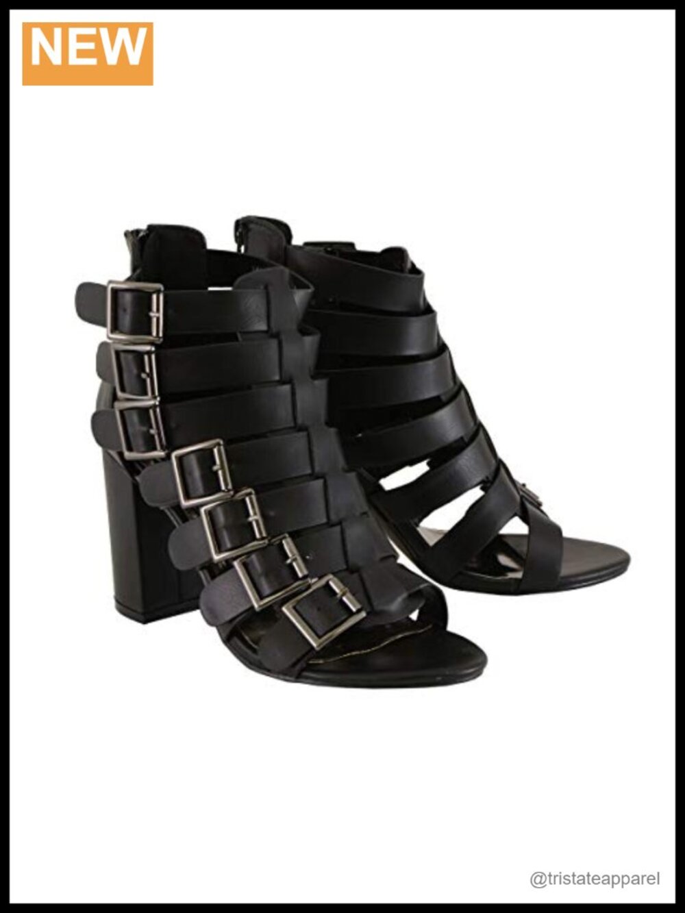 Faux Leather Block Heel Sandals with Straps & Buckle